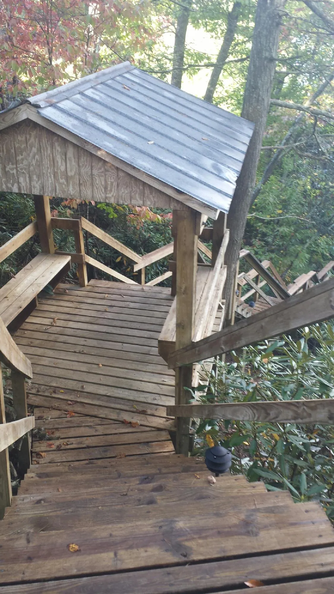 Metal roofed shelter over wooden steps on a wooded walkway — Skylight Repair & Installation work by our crew in Hilton